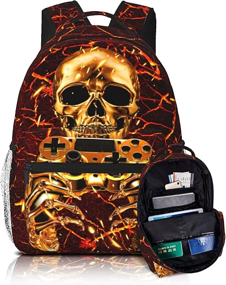 Vedio Game Backpack Kids Boys Cool Fire Skull Gaming Bookbags for Kids 8-12 Gothic Skull School Bag for Children Elementary Preschool Middle School Computer Bag for Man Woman - skull backpack