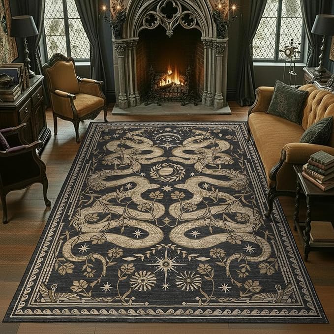 Snake Washable Rugs 5x7 Area Rug for Living Room Forest Soft Low-Pile Stain Resistant Thin Carpet for Bedroom Dining Nursery Non Slip Mat with Rubber Back Dark Grey - skull carpet