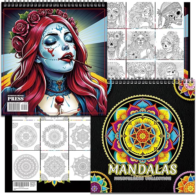 Fun LAVIE Adult Coloring Book Bundle: 32 Sugar Skulls & 32 Mandala Patterns for Adult and Teens Relaxation, Stress Relief & Mindfulness, Spiral Bound - sugar skull book