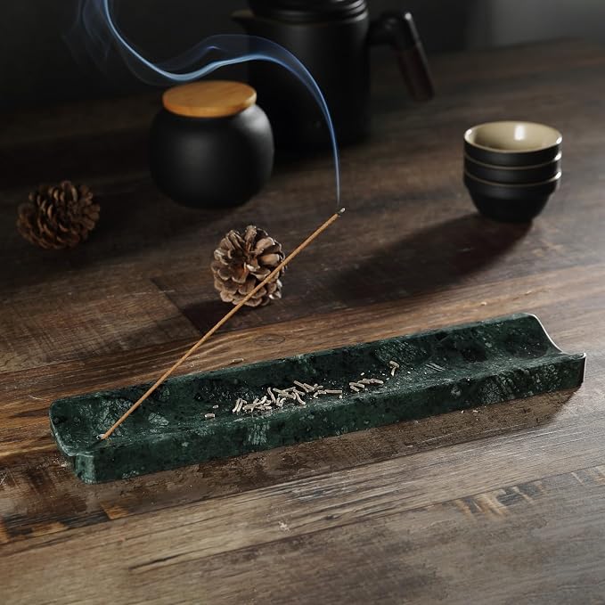 Koville Marble Incense Holder, Incense Holder for Sticks, Incense Sticks Holder Ash Catcher for Meditation Yoga SPA, Natural Stone Incense Burner, Home Table Decor (Green) - skull incense burner