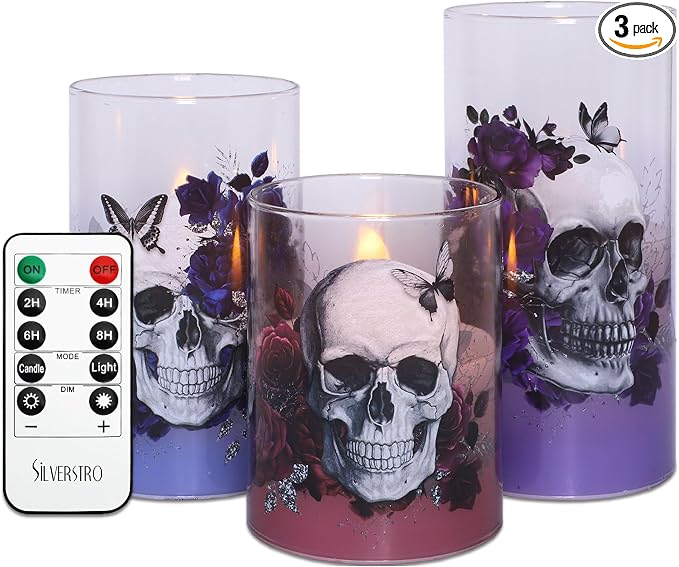 Gothic Skull Flameless Candles Set with Remote Control Timer Function, 3-Piece Horror Theme Halloween Decorative Candles for Home Party Haunted House Horror Theme Halloween Decorations - skull lamp