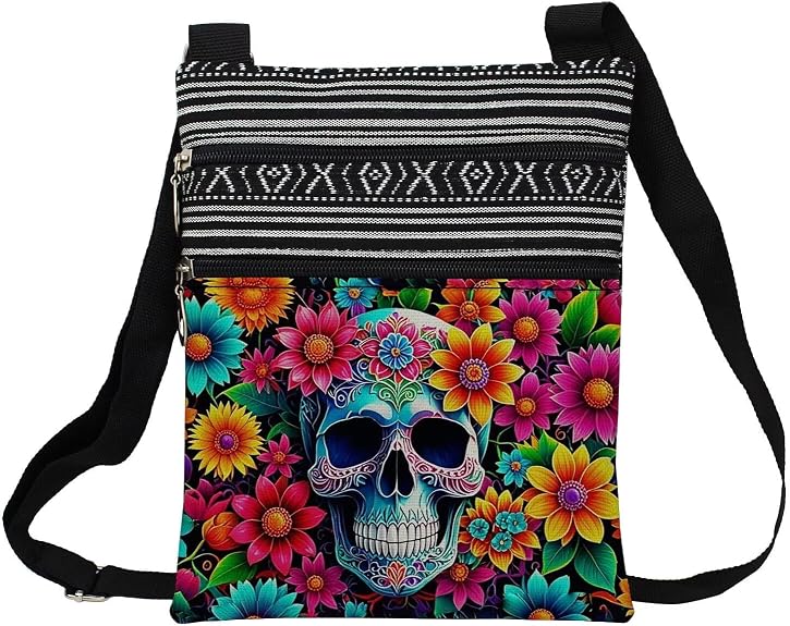 Floral Skull Printed Small Ethnic Crossbody Bag -7 - sugar skull handbags for sale