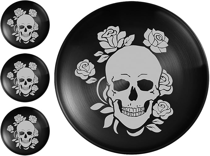 XIAOYU 4 Pack Halloween Skeleton Stainless Steel Dinner Plates, Skull Gothic Round Metal Plates, Unique Skull/Flower Pattern Design, Metal Dinner Dishes For Dinner, Party, Camping, Dishwasher Safe - skull plate
