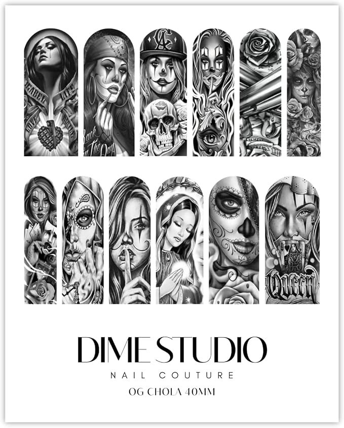 Tattoo Inspired Chola Nail Decals Monochrome Sugar Skull Chicana Nail Art Water Transfer Nail Wraps (40MM Medium) - skull sticker