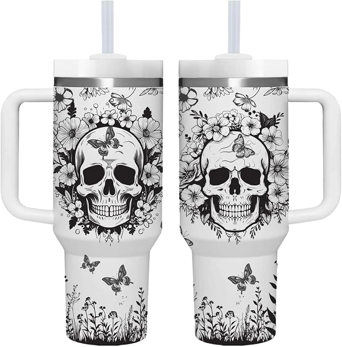 AMZUShome 40 OZ Goth Skulls Tumbler with Handle.Skull Lover Tumblers Gift.Unique Birthday Christmas Halloween Goth Skull Cup Gifts.40 OZ skulls Tumbler Gifts for Women. - skull bottle