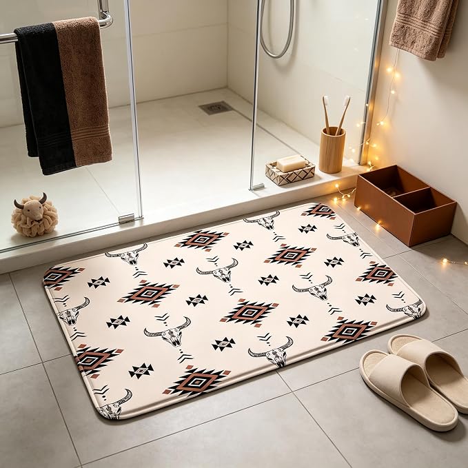 Southwestern Cow Skull Geometric Bath Mat,Western Aztec Rug17.7 x 29.5IN - skull toilet mat