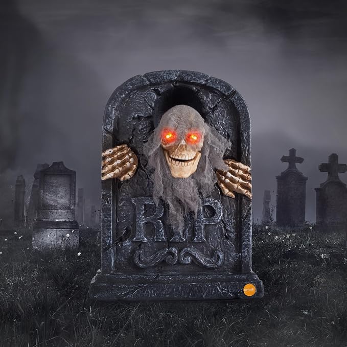 Halloween Animatronic Zombie Tombstone Animated Skeleton Decorations - Sensor Activated with Creepy Sound, Scary Move, Light Up Eyes, Haunted House Spooky Decor Horror Prop for Indoor/Outdoor, Yard - skeleton