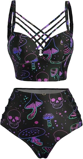 DRESSFO Womens Gothic Retro Skull Rose Mushroom Bikini Set - skull swimsuit
