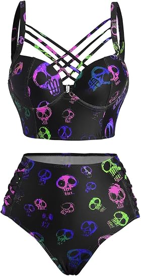 DRESSFO Womens Gothic Retro Skull Rose Mushroom Bikini Set - skull swimsuit