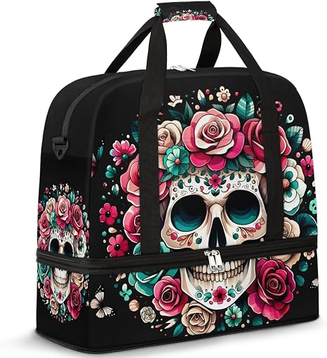 Halloween Skull Rose Skeleton Travel Duffle Bags With Shoes Compartment for Women Men Weekender Overnight Bag Foldable Sports Tote Gym Carry On Luggage Handlebag for Travel Yoga Hospital Workout - skull suitcase
