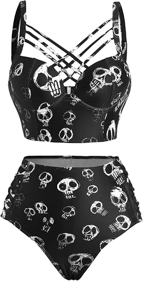 DRESSFO Womens Gothic Retro Skull Rose Mushroom Bikini Set - skull swimsuit
