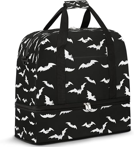 Halloween Goth Bat Travel Duffle Bags With Shoes Compartment for Women Men Weekender Overnight Bag Foldable Sports Tote Gym Carry On Luggage Handlebag for Travel Yoga Hospital Workout - skull suitcase
