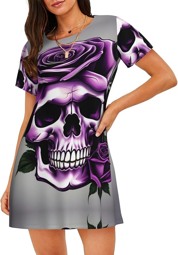 Casual Purple Rose Skull Print Print Pajama Dress For Ladies,Women Short Sleeve Nightgown,Soft Comfortable Sleepwear - skull pajamas