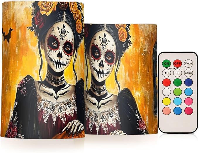Sugar Skull Halloween Flameless LED Candles with Remote - Set of 2, 3 Inch Battery-Operated Flickering Pillar Candles with Timer, No Batteries Included - skull candle