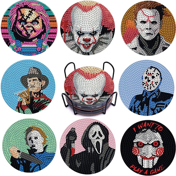 8 PCS Halloween Diamond Art Coasters Kits, Diamond Painting Coasters with Holder Set of 8, DIY Drink Coasters Art Crafts Supplies for Adults Cup Mat for Home Decor House Warming Gifts Non-Slip - skull coaster