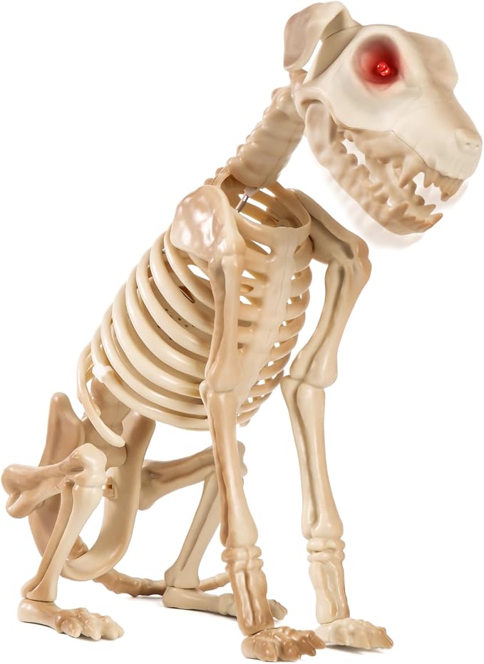 Halloween Animatronics 15" Skeleton Dog, Realistic Skull Animal Puppy Bones Decor with Sound Activation, Creepy Sound, Move Jaw, Light Up Eyes, Haunted Spooky Horror Prop for Indoor, Outdoor - skeleton