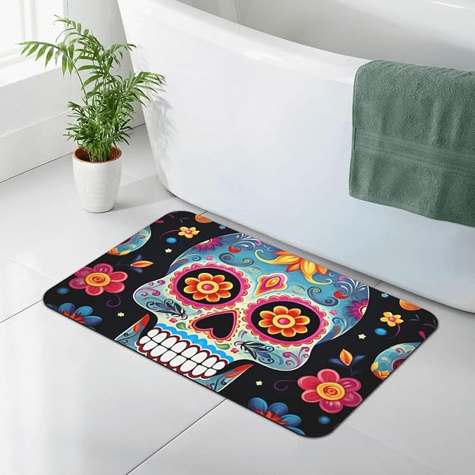 Diatomaceous Earth Bath Mat for Bathroom Quick Dry Super Absorbent Bath Mat Sugar Skulls Bathroom Rugs Non-Slip Doormat Area Rugs for Bedroom Floor Bathtub Shower Rug