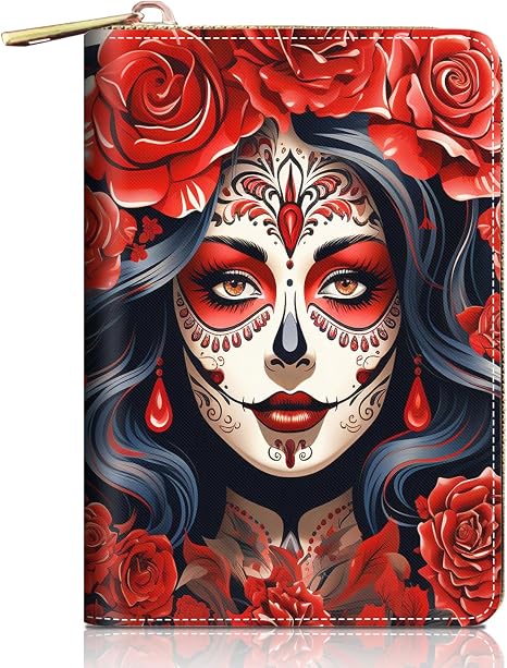 Credit Card Holder Wallets for Women, Sugar Skull Girl Rose Design RFID Blocking Small Leather Card Case Wallet Zipper Accordion Wallets - sugar skull costume