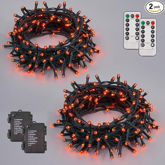 YEGUO Halloween Lights Battery Operated, 2 Pack Each 33ft 100 LED Orange String Lights Outdoor Waterproof, Green Wire Fairy Christmas Light Indoor with Remote - string light
