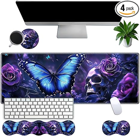 Large Gaming Mouse Pad Set with Wrist Support – 31.5" x 11.8" 4-in-1 XXL Mousepad with Keyboard Wrist Rest, Mouse Wrist Rest & Coaster – Ergonomic Desk Mat for Office, Home – Blue Butterfly Skull - skull coaster