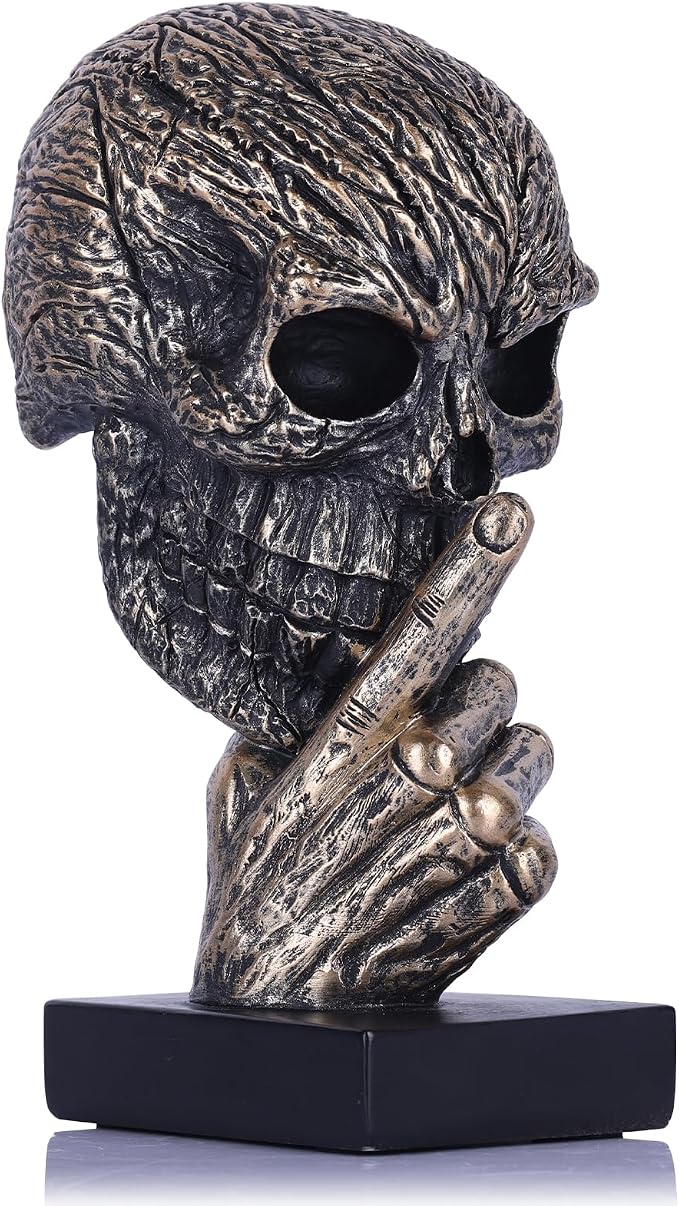 Black and Gold Speak No Evil Skull Sculpture – Gothic Halloween Figurine for Shelf or Desk, Resin Bronze Skeleton Statue for Goth Weird Home Decor, Dark Academia Office Spooky Accent - skull candle