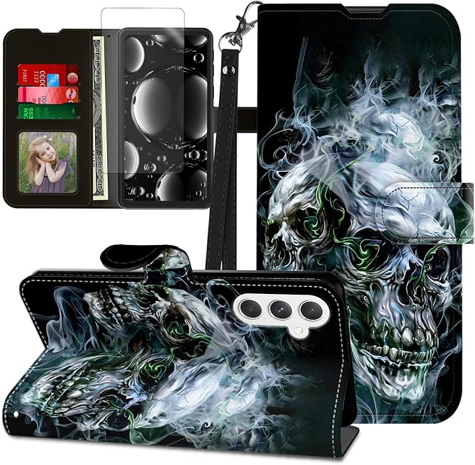 for Galaxy A16 5G Phone Case with Screen Protector & Kickstand & Card Holder & Wrist Strap,Flip Folio Leather Wallet Magnetic Protective for A16 Samsung Phone Case,Cool Skull - Skull phone case