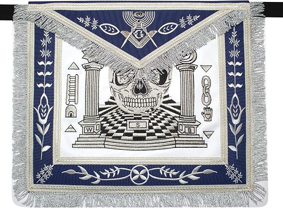 Masonic Master Mason Apron Custom Design (Skull, Pillars & Carpet) Navy Blue Ribbon, Imitation Leather - skull carpet