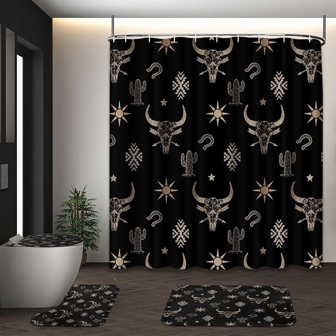 Bathroom Sets with Shower Curtain and Rugs, Set of 4, Western Cow - skull toilet mat