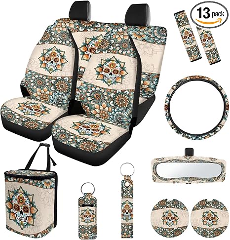 Suobstales Boho Mandala Sugar Skull Print Car Seat Covers Set of 13 with Universal Steering Wheel Cover, Rearview Mirror Cover, Car Trash Can, Seatbelt Pads, Cup Holder Coasters, Keychains - skull coaster
