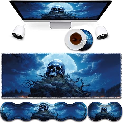 4 in 1 Mouse Pad Combo, Large Gaming Mouse Pad + Keyboard Wrist Support + Mouse Wrist Rest + Coaster, Table Pad 31.5 "x 11.8" with Memory Foam Ergonomic Wrist Pad Set, Blue Skull Moon - skull coaster