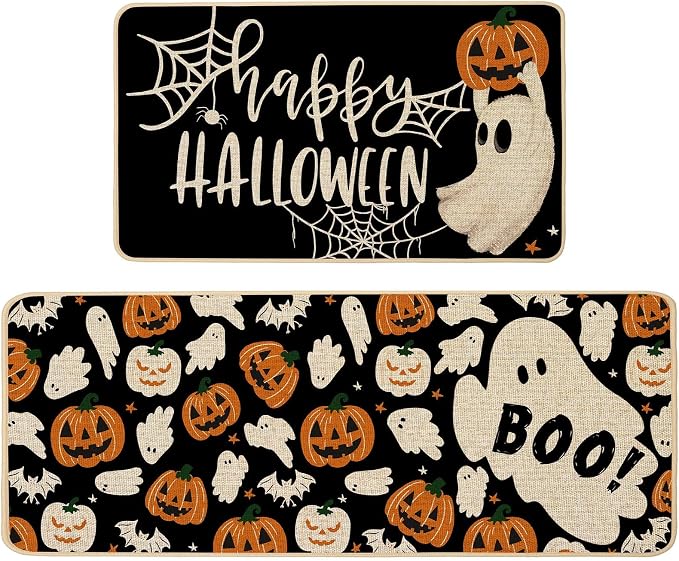 Halloween Kitchen Rugs Set of 2, 17x29 and 17x47 Inch - skull floor mat
