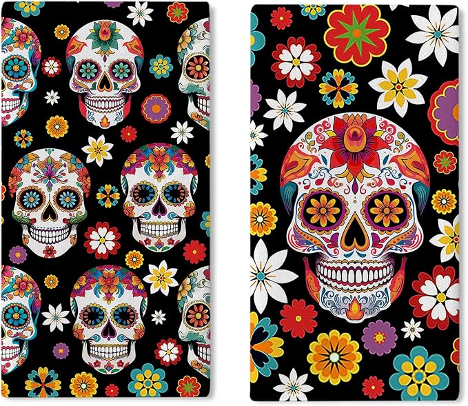 Dia De Los Muertos Sugar Skull Kitchen Dish Towels Set of 2 - skull plate