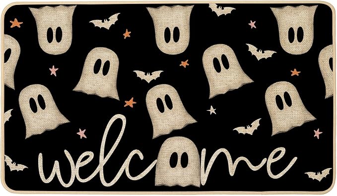 Halloween Ghost Doormat Outdoor Outside,Black Funny Ghost Bats Front Door Mat Non Slip Rubber Welcome Entrance Floor Mat for Fall Holiday Indoor Decor 17×29 Inch(Black)