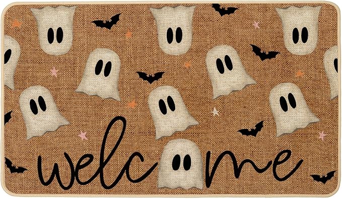 Halloween Ghost Doormat Outdoor Outside,Funny Ghost Bats Front Doormats Non Slip Rubber Entrance Floor Door Mat for Fall Holiday Indoor Decor 17x29 Inch - skull floor mat