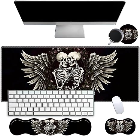 Desk Mat Large Gaming Mouse pad Set 31.5x11.8 inch [4in1Mousepad + Keyboard Wrist Rest+Mouse Wrist Rest+Coaster ] with Ergonomic Desk Pad for Home Office Table Computer - Skulls Wings - skull coaster