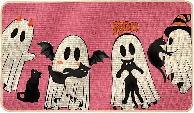 Halloween Pink Ghost Doormat Cute Ghost Bat Cat Halloween Boo Decorative Front Door Mat Non-Slip Rubber Backing Seasonal Entrance Floor Decoration 17 x 29 Inch - skull floor mat