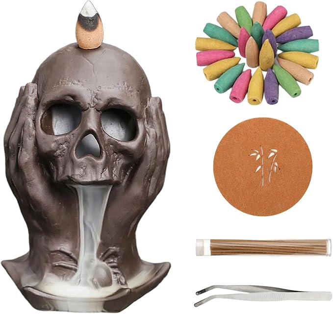 Comeon Skull Decor Incense Holder Reverse Flow Censer Waterfall Burner Set - skull ashtray