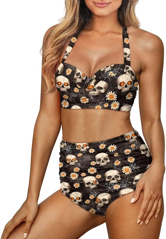 Women Two Piece Bathing Suits Push Up Bikini Sets High Waisted Swimsuit Comfort Tummy Control Swimwear S-2XL - skull swimsuit