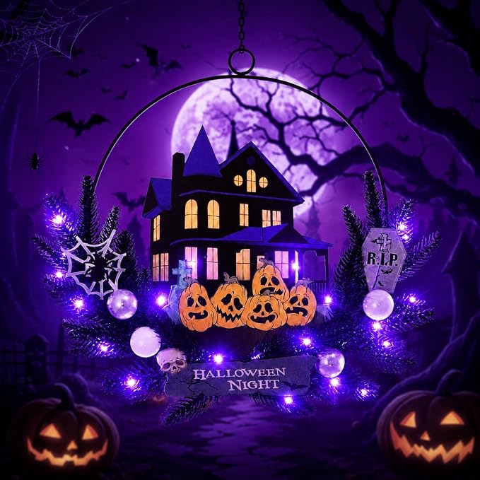 Halloween Wreath with Lights, 15.7 Inch, 6H On/18H Off Timer - skull wreath
