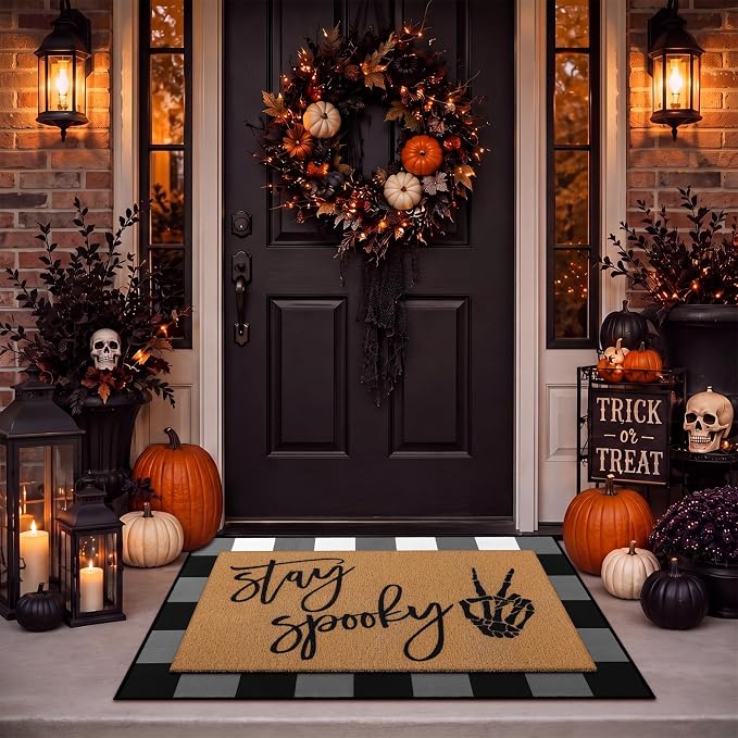 Drydiet Halloween Door Mat, Layered Buffalo Plaid Non Slip Doormat Porch - skull floor mat