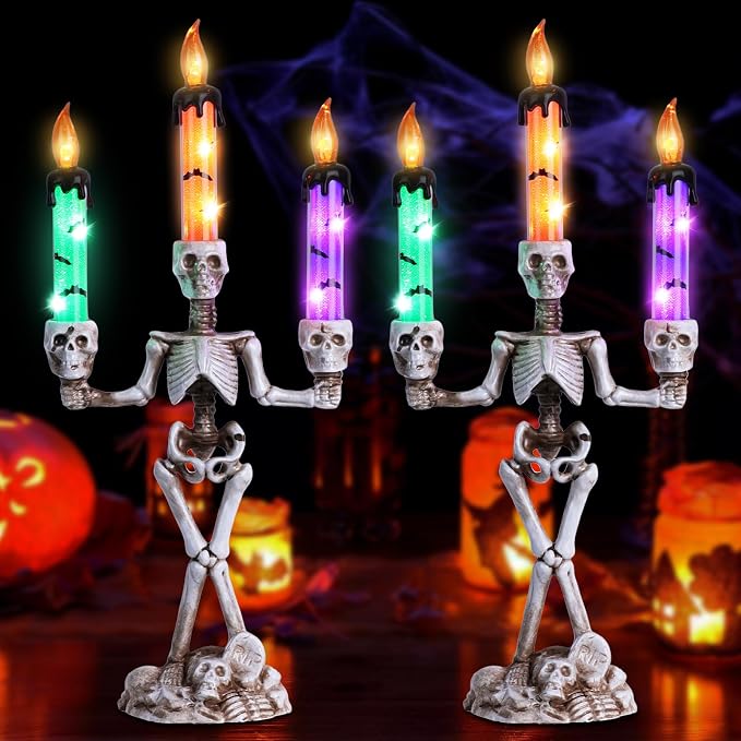 MEETYAMOR 2 Pcs Skull Halloween Candelabra Decorations Indoor, Halloween Candles Holder with LED Lights for Scary Haunted House Mansion Decor, Battery Operated Timer Candlesticks for Table Home Party - skull lamp