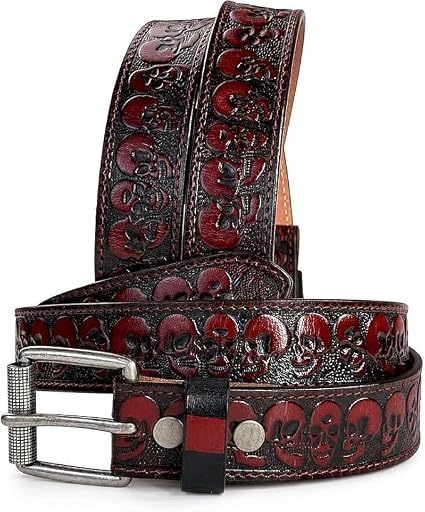 Scull Biker Leather Belt for Men Handmade Full Grain Cowboy Cowgirl Leather Belt 1.5” Wide Engraved Embossed Tooled