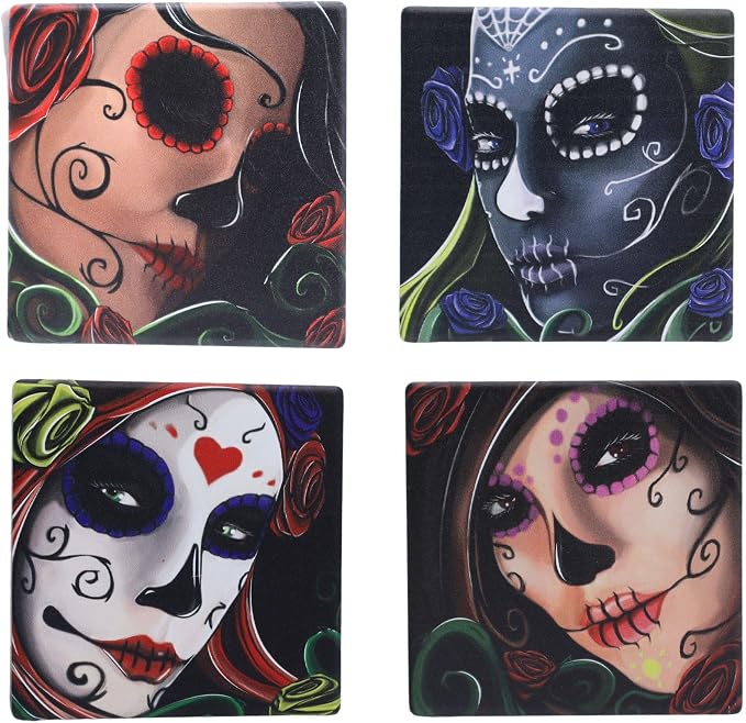 Set of 4 Sugar Skull Girls Decorative Coasters, Day of the Dead Home Decor - skull coaster