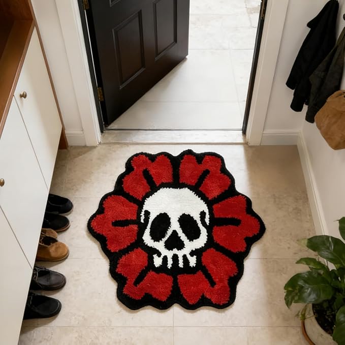 Trippy Skull Rug Cool Rugs Gothic Flower Bathroom Rugs 2.6x2.6FT - skull toilet mat