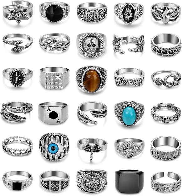 30Pcs Punk Ring for Men Women Cool Vintage Ring Silver Gothic Hippie Knuckle Ring Pack Adjustable Stackable Chunky Snake Skull Eye Ring - skull ring