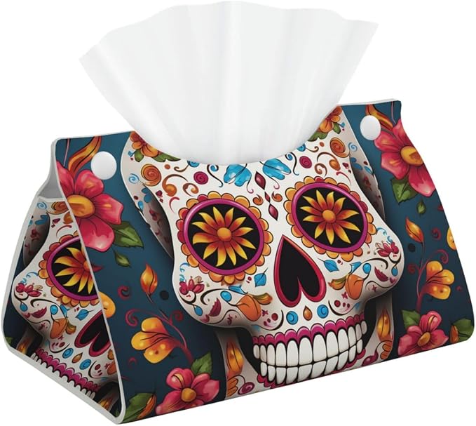 Colorful Sugar Skull Tissue Box Cover Pu Leather Waterproof Tissue Box Holder Modern Rectangular Tissue Case Paper Holder Decorative Organizer for Car Bathroom Bedroom Office Tabletop Decor - skull toilet paper