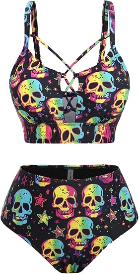 ROSE GAL Women Plus Size Goth Bikini Set Skulls Stars Print Strappy High Waisted Swimsuits - skull swimsuit