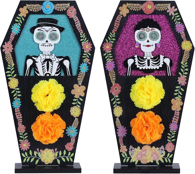 DECSPAS Day of the Dead Decor, 2 PCS Large Size Wood Block Woman & Man Sugar Skulls Dia De Los Muertos Decorations, Wooden Coffin Skeleton Decor for Altar, Ofrenda, Home, Table, Mantle, Mexican Fiesta - skull figurine