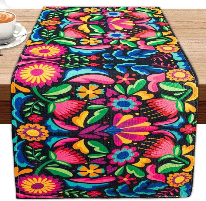 Mexican Table Runner, 72 x 13 Inch Floral Table Ruuner, Dia De Los Muertos and Cinco De Mayo Decorations Fiesta Party Supplies Table Decoration for Day of The Dead Home Kitchen Dining Room - skull carpet