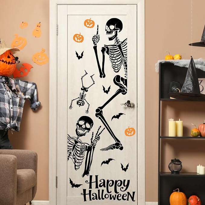 Yovkky Happy Halloween Skeleton Door Stickers, Jack O Lantern Pumpkin Skull
